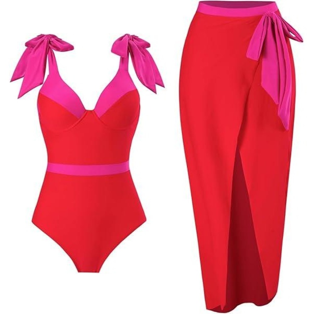 MSRP $60 Women's L Red/Hot Pink One Piece Swimsuit with Sarong Wrap